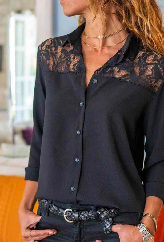 Chemise boutonnée en dentelle à manches longuesChemise boutonnée en dentelle à manches longues